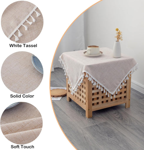 24 24 Inch Linen Small Square Tablecloth x Beige Washable Wrinkle Resistant Table Cover with Tassels Farmhouse