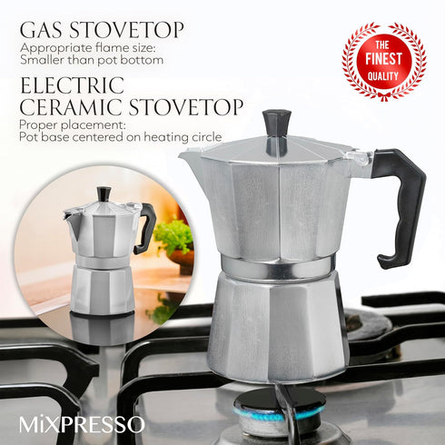 Mixpresso 3 Cup Moka Pot Cuban Coffee Maker for Gas, Electric Stove Top, Classic Italian Espresso Maker, 5 Oz
