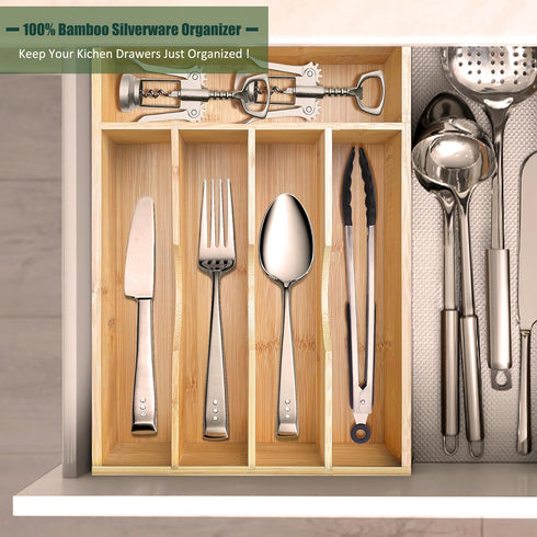 Bamboo Kitchen Drawer Silverware Organizer, 9 Inch Tray Holder for Small Drawer, 5-Slots Cutlery Tray