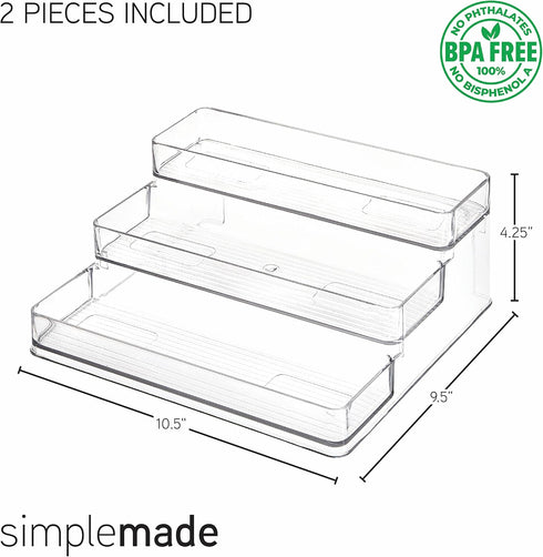 SIMPLEMADE Three-Tiered Spice Rack Shelf, Set of 2, Clear Storage Organizer for Kitchen, Bathroom, Office
