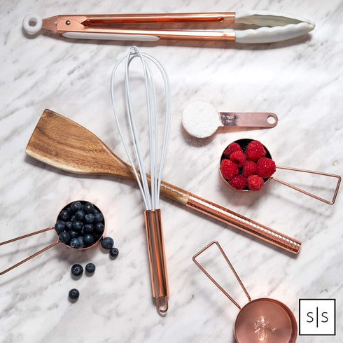 Copper Measuring Cups and Spoons Set – 8-Piece Stackable Stainless Steel Utensils, Stylish Rose Gold Kitchen