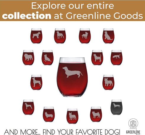 Greenline Goods Dachshund Stemless Wine Glass (One Glass) - Hand Etched Weiner Dog Lovers Gift