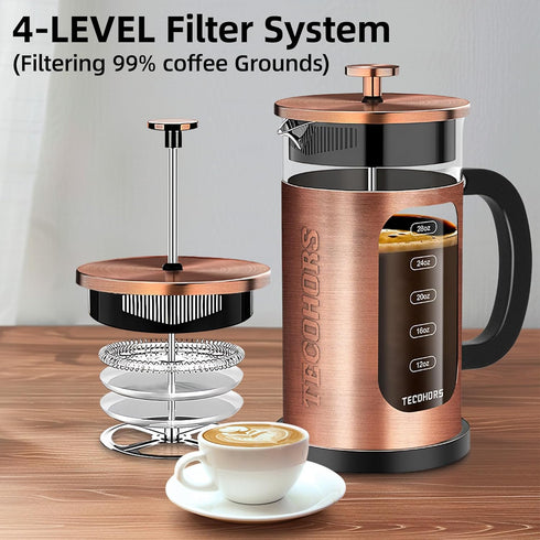French Press Coffee Maker 34oz, 304 Stainless Steel Coffee Press with 4 Filters, Heat Resistant Borosilicate Glass