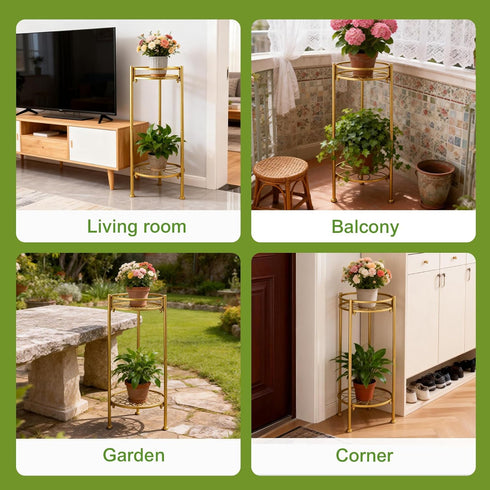 Decivems 2 Tier Metal Plant Stand, Sturdy Heavy Duty Adjustable Two Tier Flower Pot Holder for Indoor Outdoor, Small