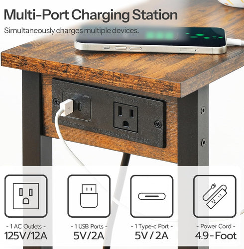 2-Tier BF240UBZ01 HOOBRO Narrow Side Table, Slim End Table with Charging Station, Skinny Nightstand with Open Storage