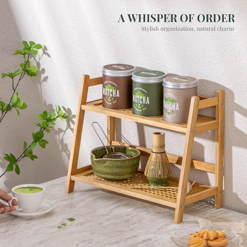 Countertop 2 ANBOXIT Rattan-Look Matcha Station Organizer, Bamboo Tea & Coffee Accessories Station Organizer, Tier Mug