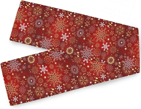 Christmas Winter Snowflake Table Runner, 13x90 Inches Double Sided, Luxurious Gold Red for Kitchen Dining Decor