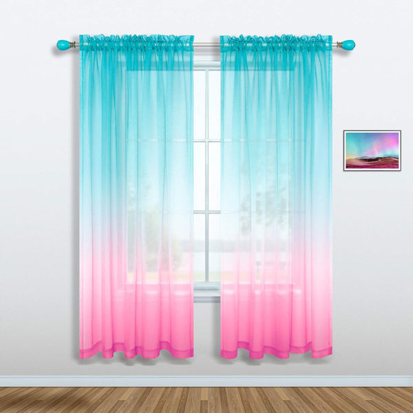 Pink and Green Mermaid Curtains Set of 1, Sheer Panel Gradient Ombre for Girls Room, 52 x 63 Inch