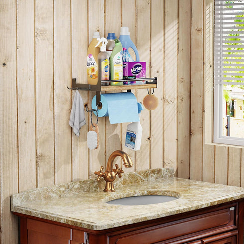 4 Garage Paper Towel Holder Wall Mount, Wooden Paper Towel Holder with Shelf for Kitchen Garage Quick Clean Station