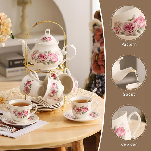 TATSUMI 20-Pieces Set Sets Sets Home&Party(016) Tea For Adult with Golden Metal Rack,Porcelain Tea For Women,Tea Gift