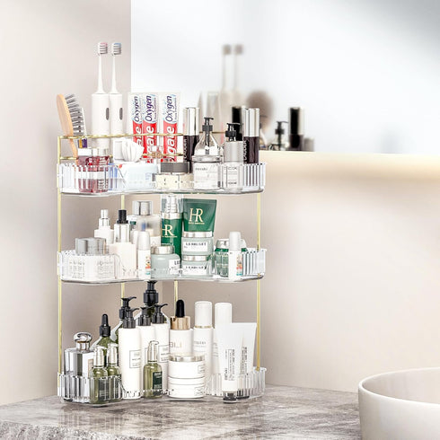 Makeup Organizer Countertop 3 Tier, Corner Bathroom Countertop Organizer with Toothbrush and
