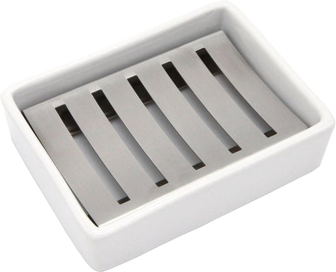 Ceramic Soap Dish - Stainless Steel Soap Holder for Bathroom and Shower, Double Layer Draining Soap Box