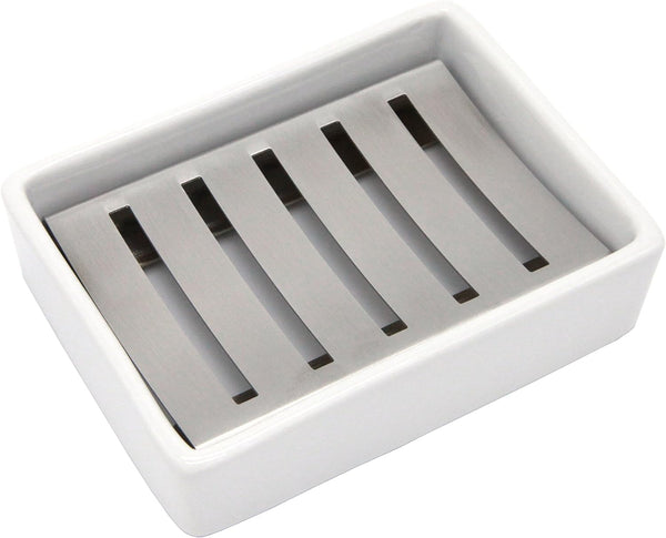 Ceramic Soap Dish - Stainless Steel Soap Holder for Bathroom and Shower, Double Layer Draining Soap Box