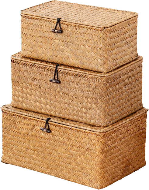 Nonam Storage Basket with Lid, Natural Seagrass Bin with Lid Set of 3,