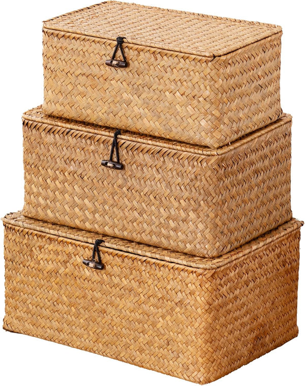 Nonam Storage Basket with Lid, Natural Seagrass Bin with Lid Set of 3,