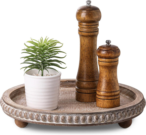 Wooden Coffee Table Tray Decor, Round Decorative Tray Brown Beaded Distressed Rustic