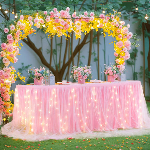 14FT Pink Tulle Table Skirt for Rectangle or Round Tables Ruffle Tulle