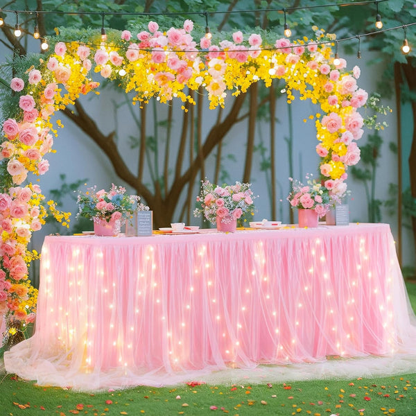 14FT Pink Tulle Table Skirt for Rectangle or Round Tables Ruffle Tulle