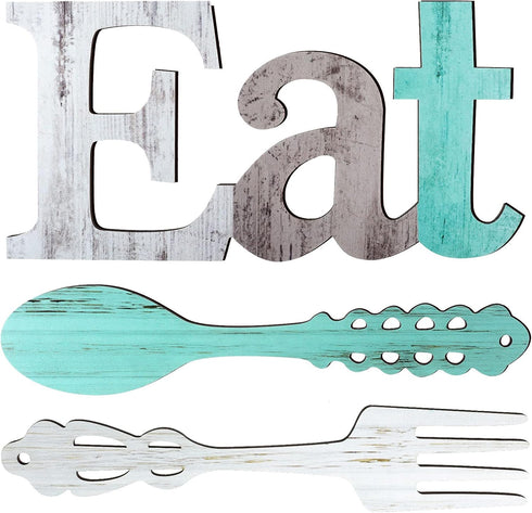 Jetec Set of Eat Sign, Cute Fork and Spoon Wall Decor, Rustic Wood Decorative Hanging Letters for Kitchen Home