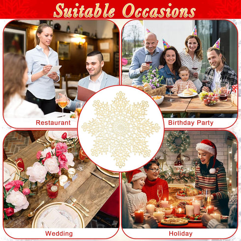 Set 15 Inch Kitchen(Gold,24 Snowflake Placemat Pressed Vinyl Metallic Christmas Washable Heat Resistant Non Slip