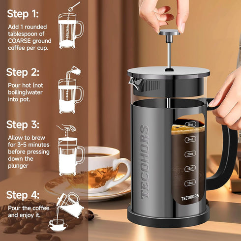 French Press Coffee Maker, 34oz / 1 Quart, 304 Stainless Steel, with 4 Filters System, Heat Resistant Glass