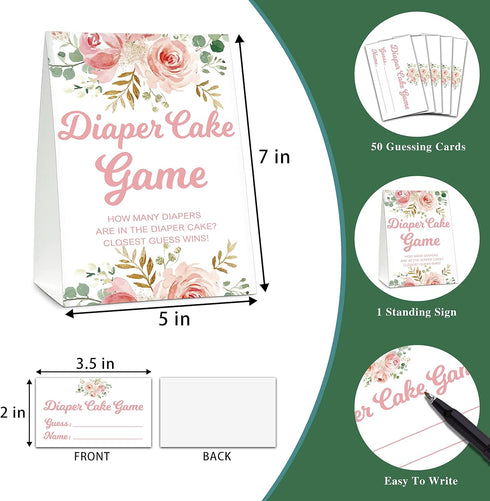 Gihyan Set, Games(1 50 Decor(A02) Baby Shower Game Diaper Cake Standing Sign + Finding Cards), Floral Find How Many