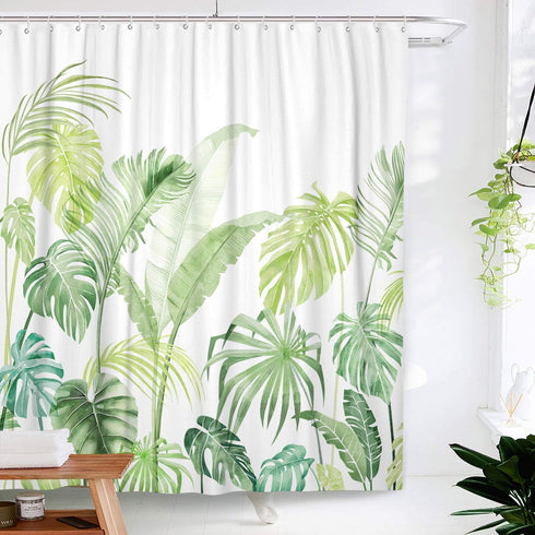 Lifeel Tropical Shower Curtain Set, Heavyweight Leaves Jungle Palm Bathroom Shower Curtain with 12 Hooks, Green White