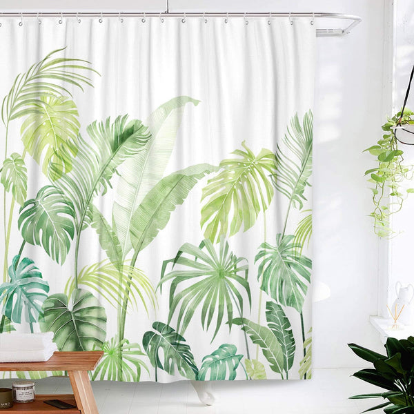 Lifeel Tropical Shower Curtain Set, Heavyweight Leaves Jungle Palm Bathroom Shower Curtain with 12 Hooks, Green White