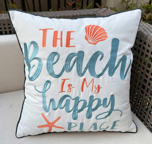 Embroidered The Beach is My Happy Place Throw Pillow Cover, Square 18 inches Decorative Canvas Cover with Pattern