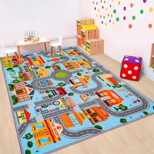 DINSUMRUG (59X39.4 INCH, Car Rug for Kids, Car Play Mat Carpet, Extra Non-Slip Traffic Road Rug for Kids, City Map