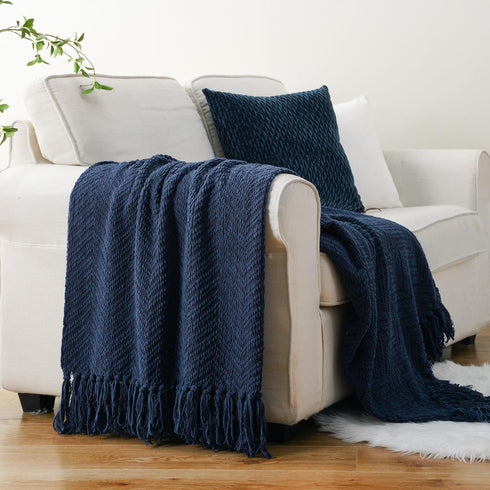 BATTILO HOME Navy Blue Throw Blanket - Knitted 50'' x 60'' Super Soft Warm Navy Throws for Couch