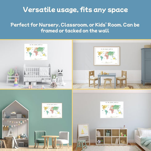 Oh the Places You'll Go Illustrated Kids World Map, 24x17”, Vibrant Educational Wall Decor with Animals