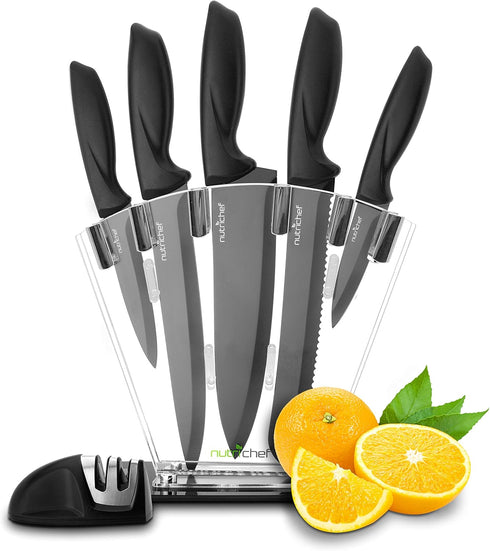 NutriChef 7 Piece Kitchen Knife Set, Stainless Steel Precision Knives with 5 Knives & Bonus Sharpener, Acrylic Block