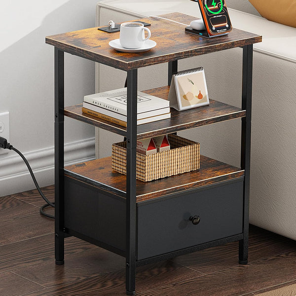 Side Table with Charging Station, Nightstand with Adjustable Fabric Drawer, Bedside Table
