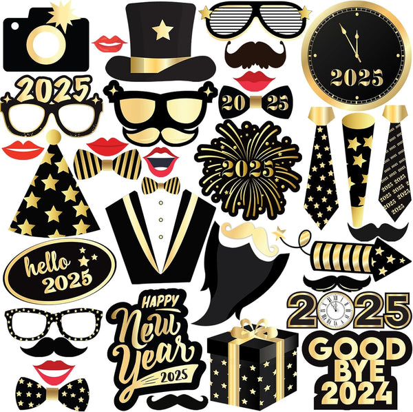 KatchOn New Years Photo Booth Props 2025 - Pack of 35 for New Years Eve Party Supplies and Decorations