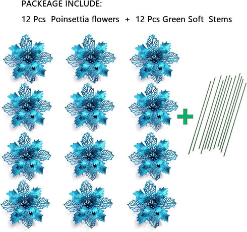 GL-Turelifes 12 Pieces 6.3’’ Glitter Christmas Flowers - Lake Blue Poinsettia Artificial Flower for Wreath and Tree