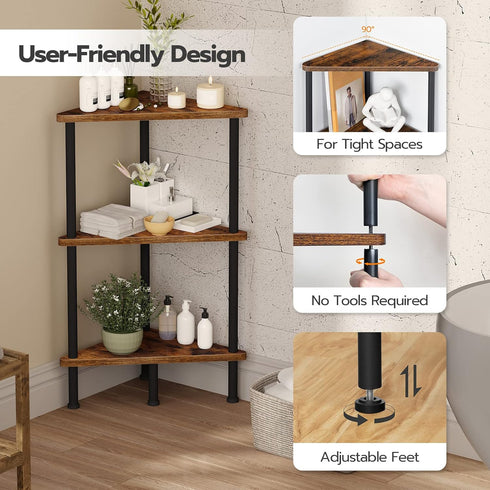 3-Tier BF30CJ01 HOOBRO Corner Shelf Stand, Industrial Corner Bookshelf with Metal Frame, Plant Display Shelf, Small