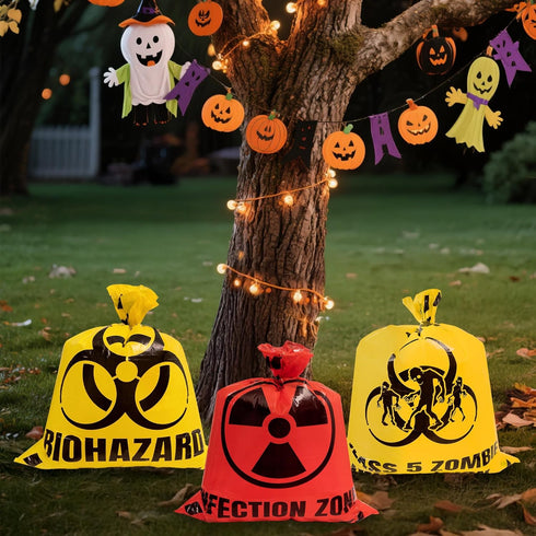 CNhoqc 6Pcs Halloween Lawn Trash Bags - Zombie Warning Reusable Waste Bags with Twist Ties, Fallen Leaf Grass Clipping