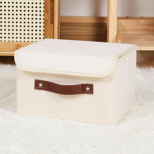 ANMINY Storage Bin with Lid, Decorative Foldable Lidded Cotton Linen Fabric Home Organizer - Beige, Small Size
