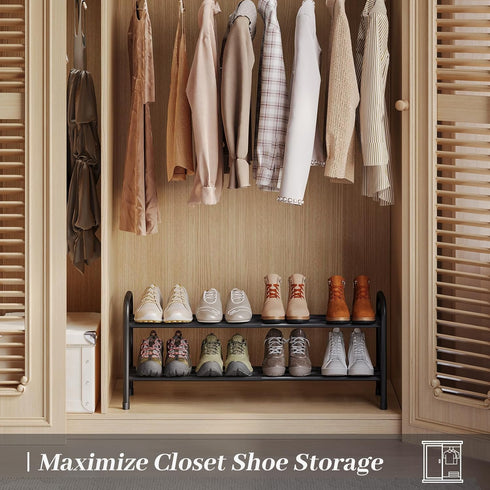 AUGOHCMIL 2-Tier Closet, Expandable Shoe Rack, Metal Shoe Storage Shelf, Adjustable Shoes Organizer for Entryway