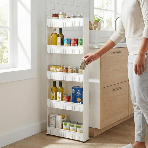 5-Tier Slim Rolling Storage Cart - Utility Cart with Wheels for Bathroom, Kitchen, and Laundry Room - Bathroom Shelves