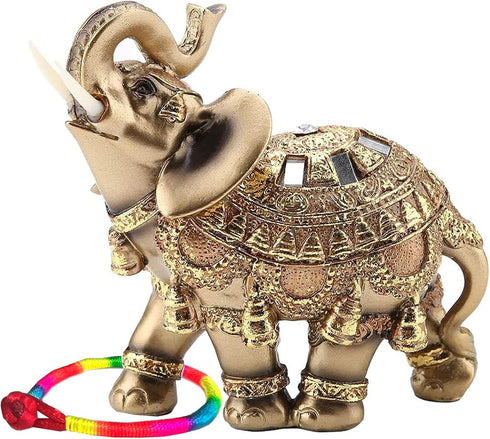 Golden Polyresin Elephant Statue Sculpture - Trunk Wealth Lucky Collectible Figurine Gift Home Decor Feng Shui