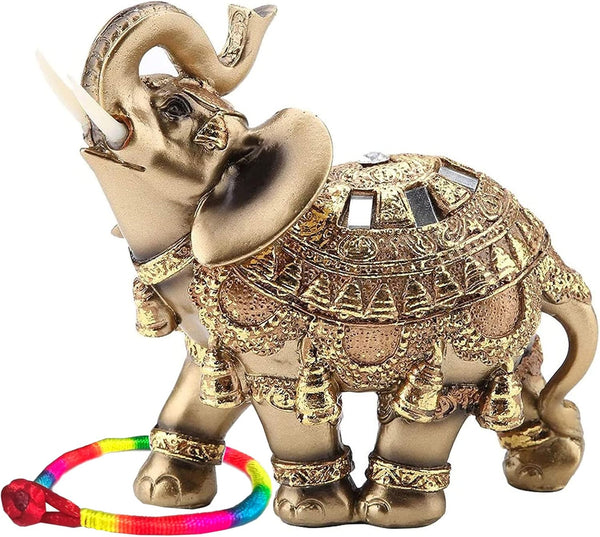 Golden Polyresin Elephant Statue Sculpture - Trunk Wealth Lucky Collectible Figurine Gift Home Decor Feng Shui