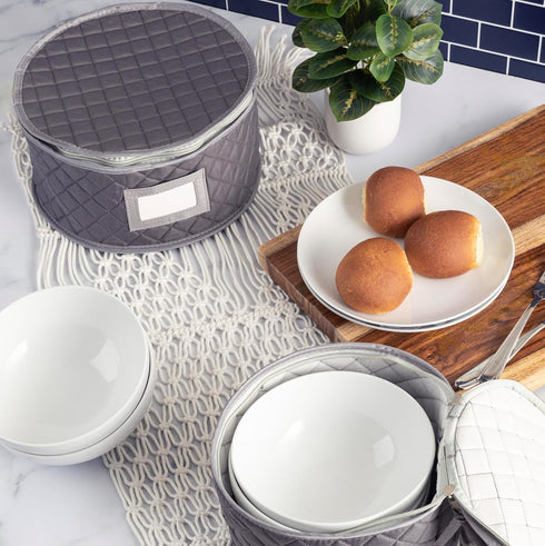 Fine China Storage - Set of 4 Quilted Cases for Dinnerware, Sizes: 12" - 10" - 8" and 7" Wide, Gray