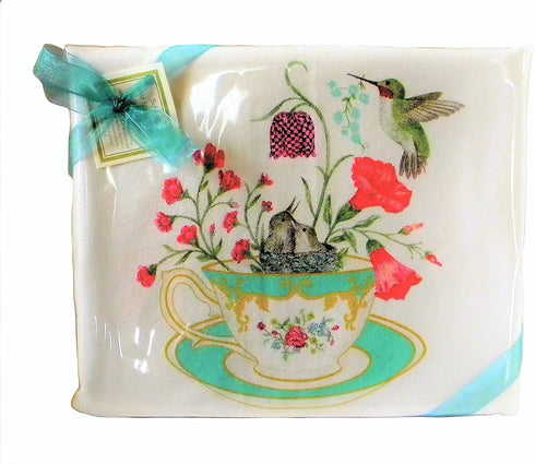 Alice's Cottage Hummingbirds and Teacup Flour Sack Kitchen Towels, Set of 2 Cotton