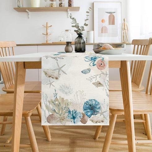 13x90 Inch PROCIDA Blue Beach Table Runner Tropical Ocean Coastal Table Runners Seashell Burlap Seasonal Nautical