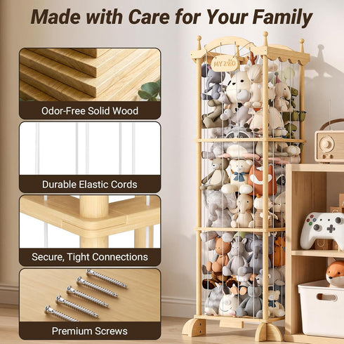 70+ COSYLAND Large Stuffed Animal Storage Organizer for Kids, Wooden Plush Toy Holder with Top Rope Clips, Elastic