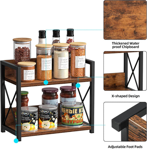 Giikin 2 Tier Countertop Shelf Organizer, Wood Spice Rack for Kitchen, Coffee Counter Shelf Organizer (Brown, S)