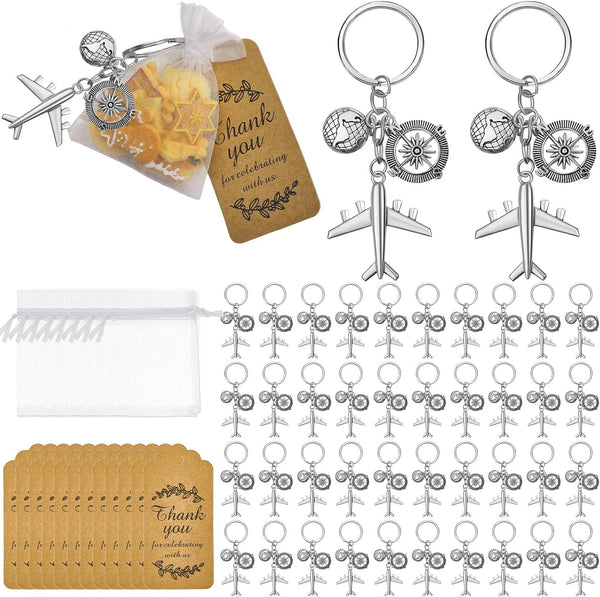 Henoyso 60 Pcs Airplane Keychain Party Favor, Airplane Compass Keychain with Thank You Tags