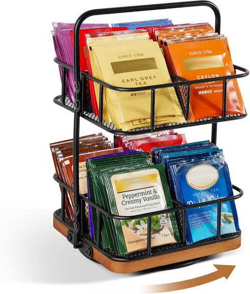 Rotating Tea Bag Organizer 2 Tier 8 Basket 360 Spinning Teabag Holder